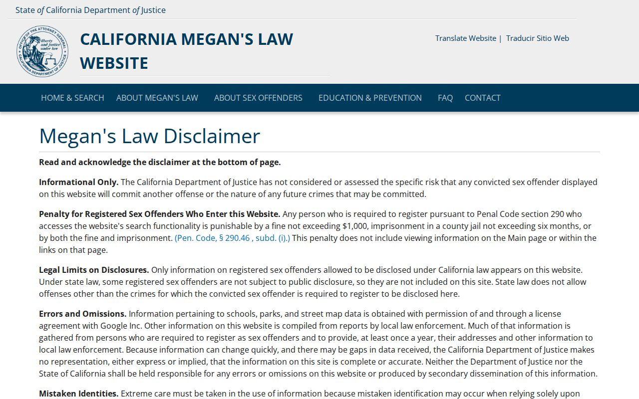 Vista residents directory reference showing the California Megan's Law public registry