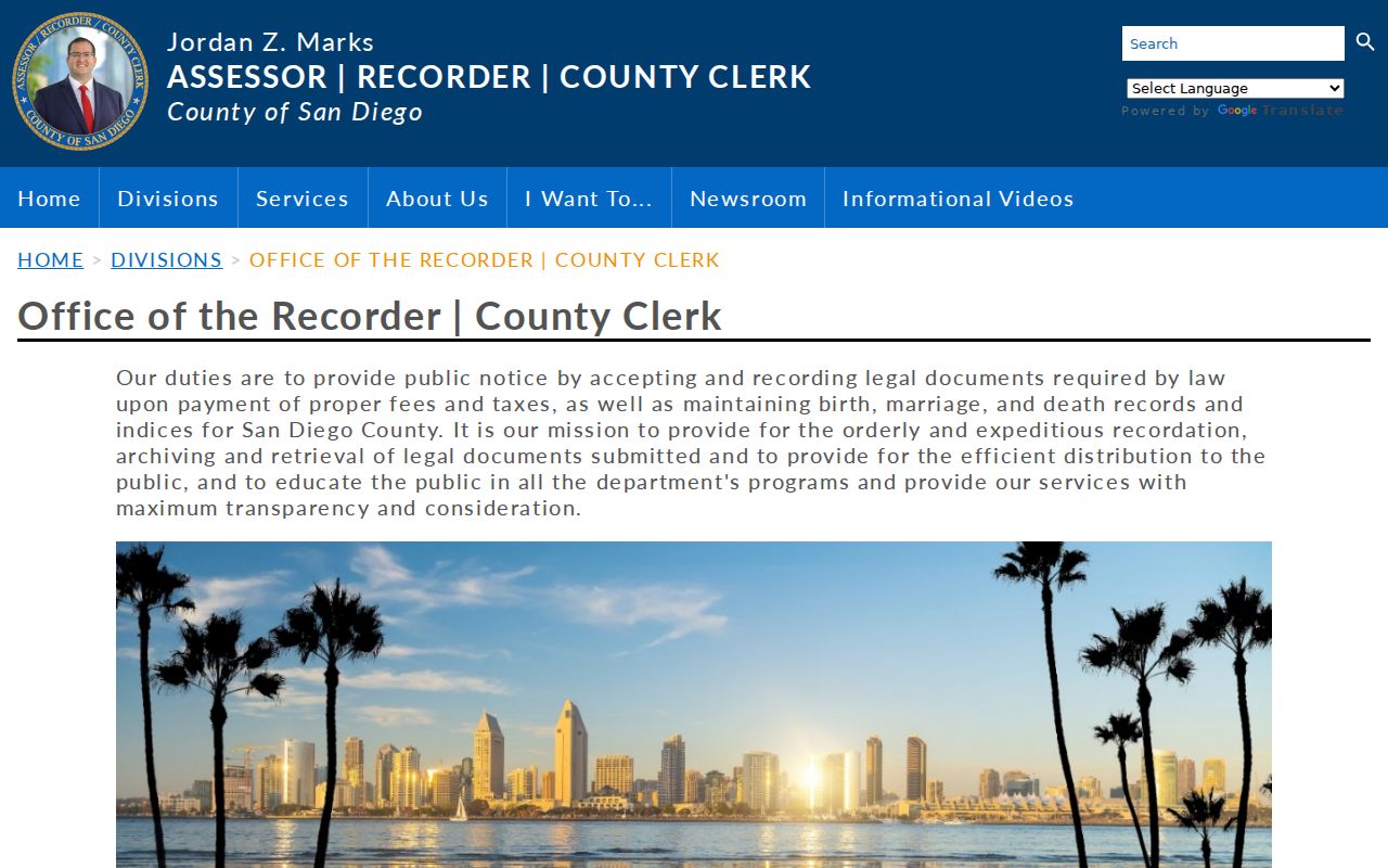 Vista residents directory view of the San Diego County assessor and recorder records page
