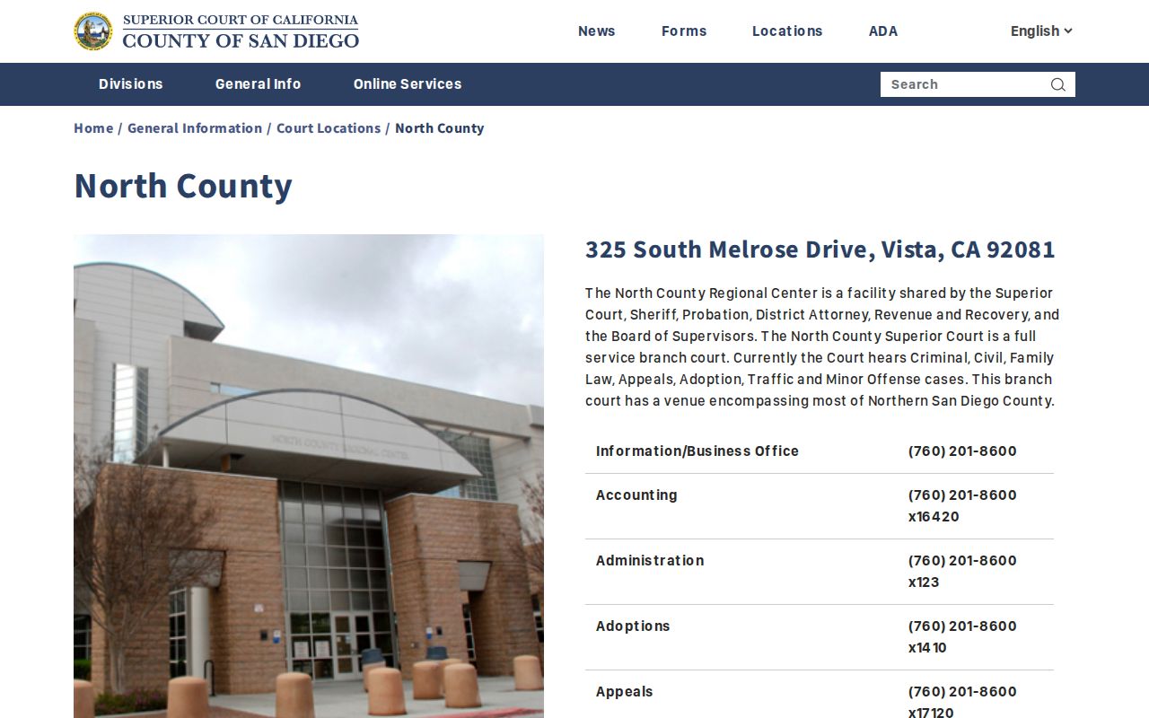 Vista residents directory reference showing the San Diego Superior Court North County location