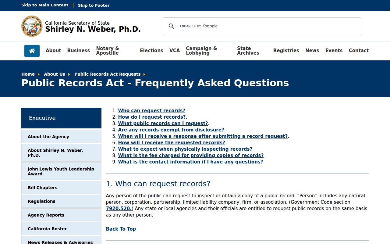 Vista residents directory reference showing California public records request guidance