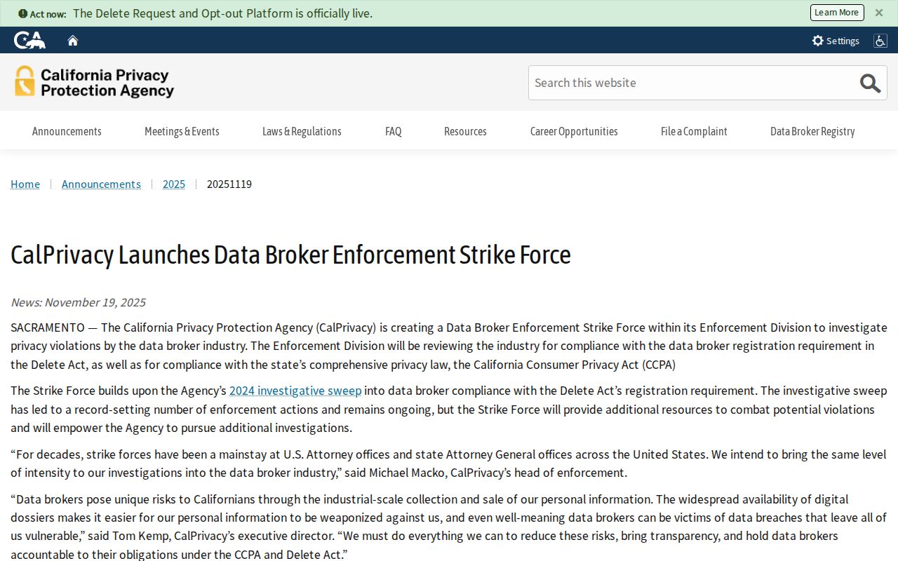 Vista neighbors lookup reference showing California data broker enforcement information