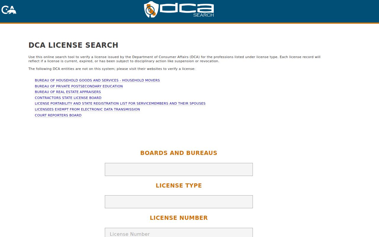 Vista resident lookup reference showing California professional license search
