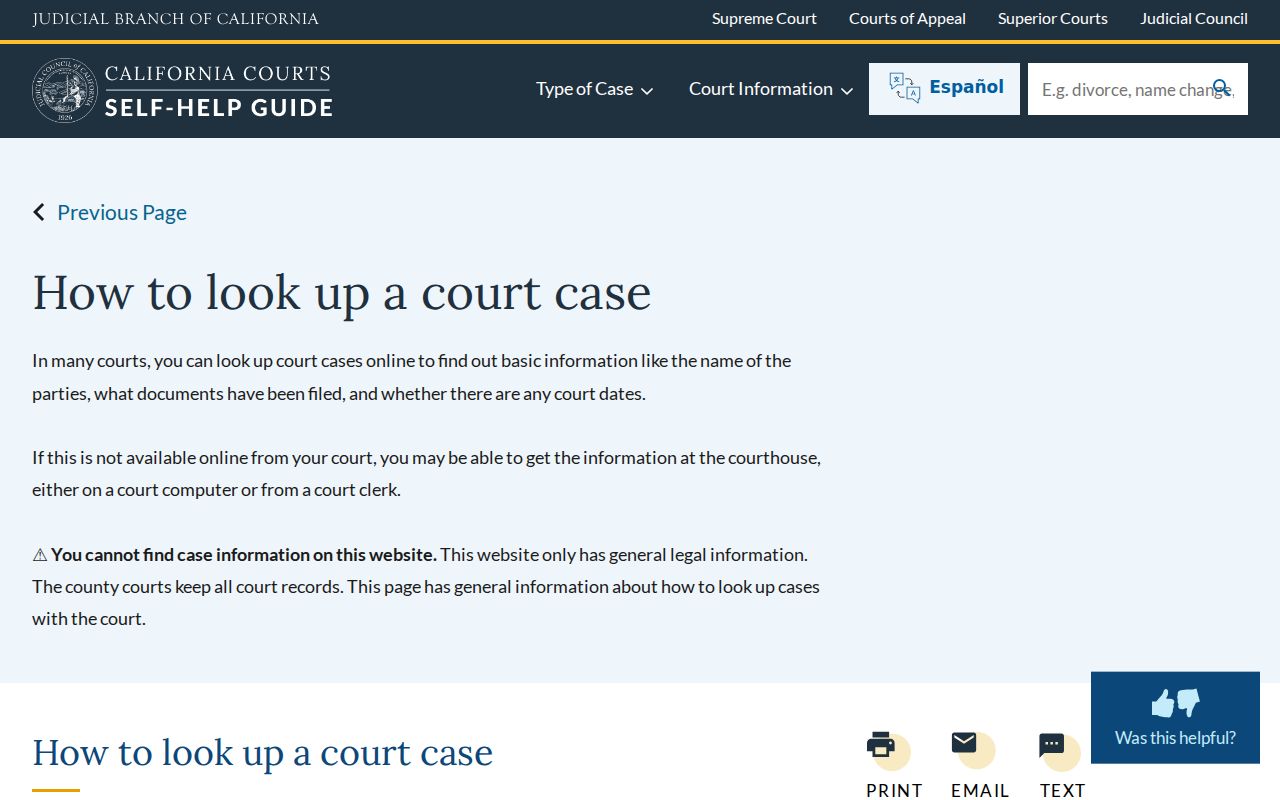 Vista resident lookup reference showing California court case search guidance