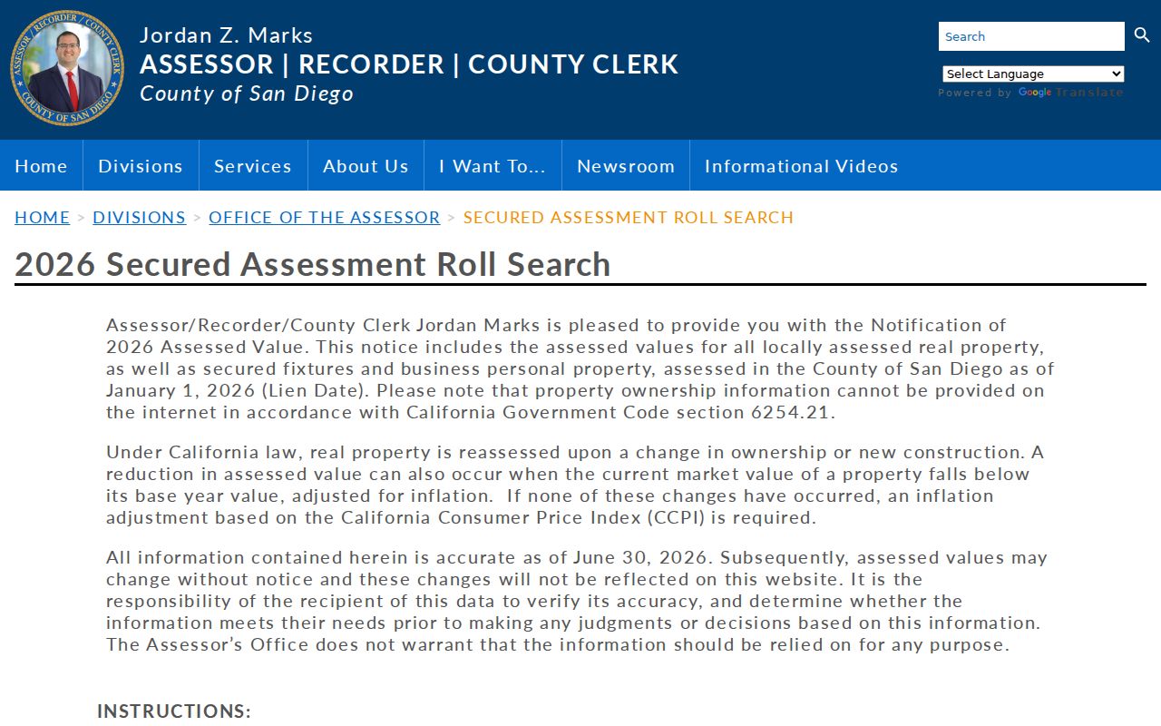 Vista street directory view of the San Diego County secured assessment roll search