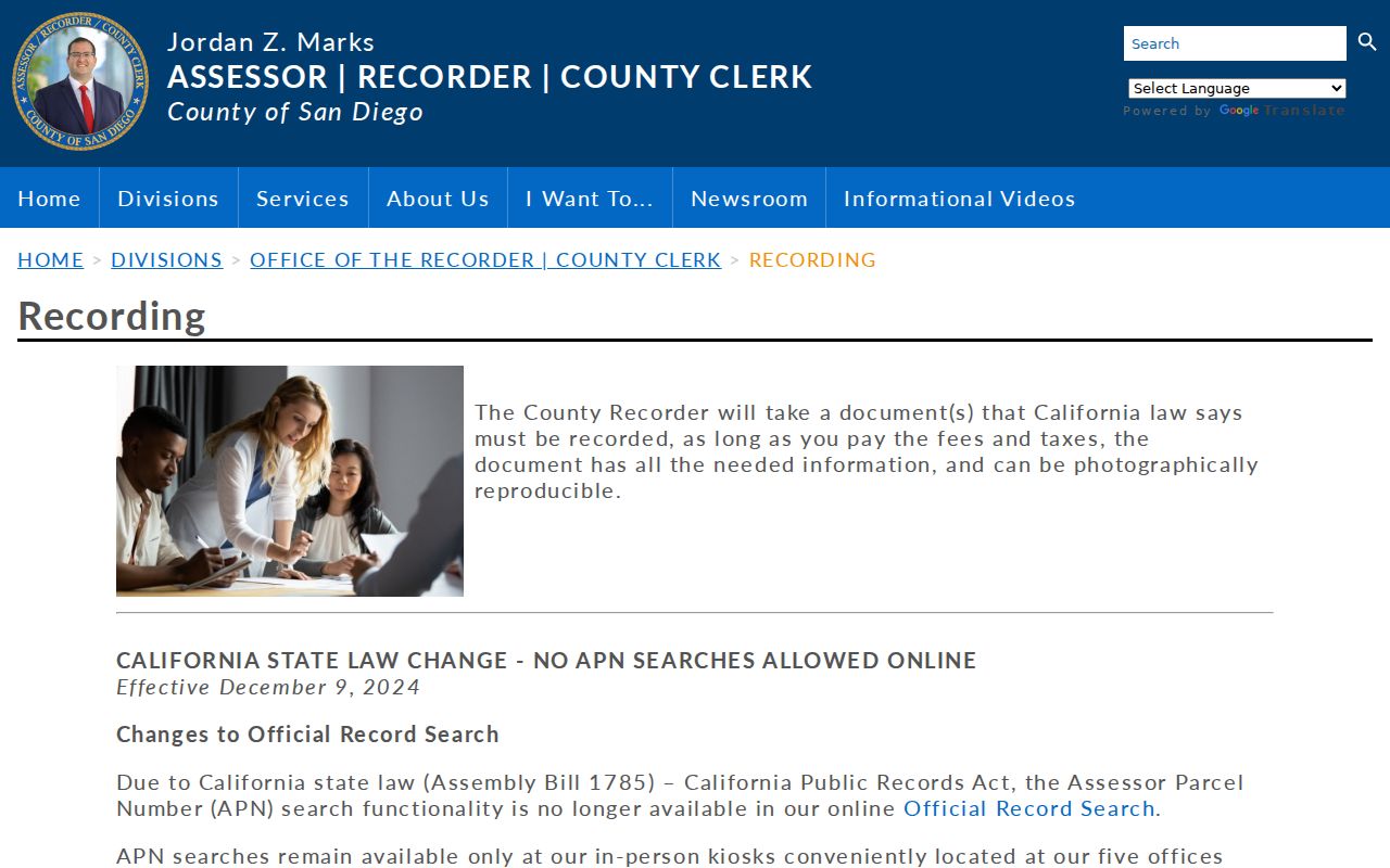 Vista street directory view of the San Diego County recorded document index