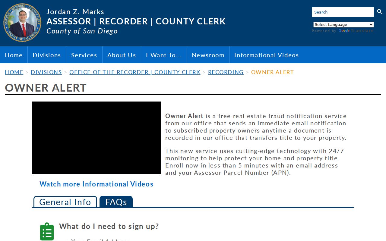 Vista street directory reference showing San Diego County recorded-document owner alerts