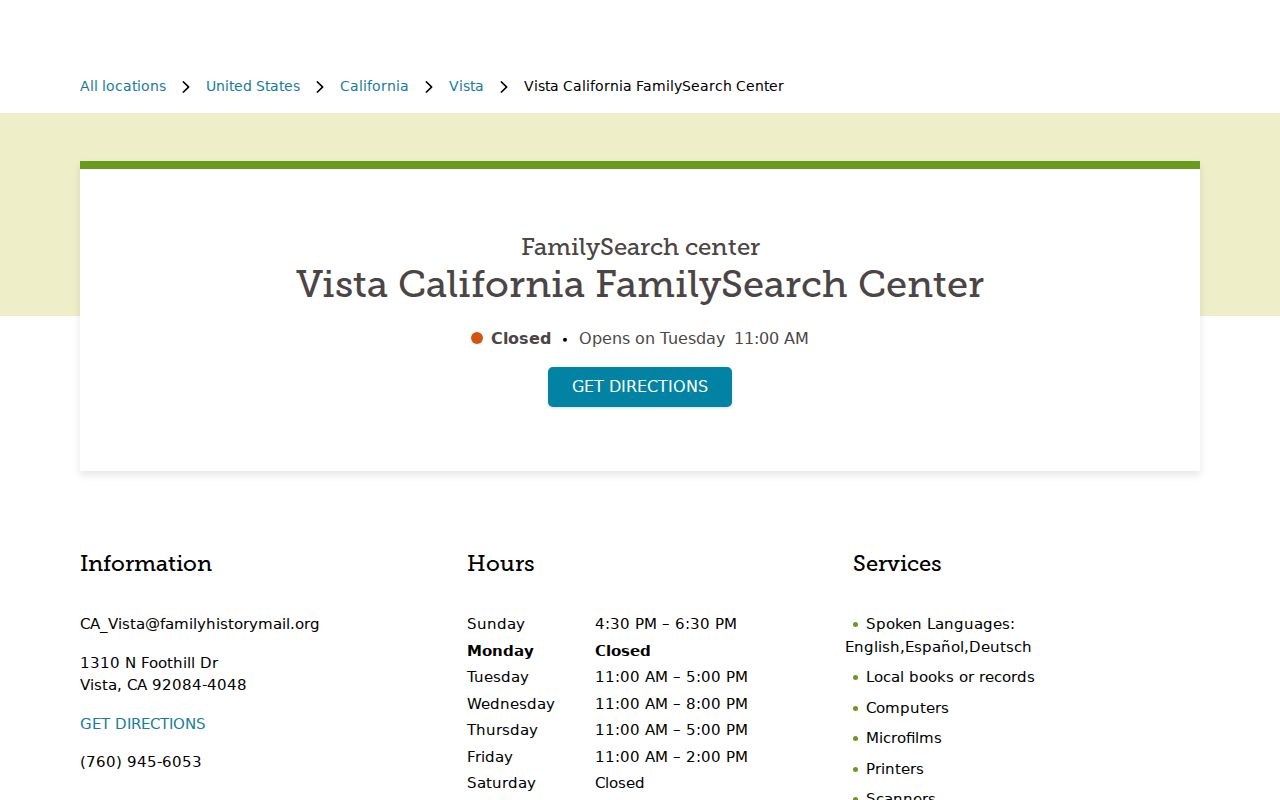 Vista ZIP code directory reference showing the Vista FamilySearch Center listing