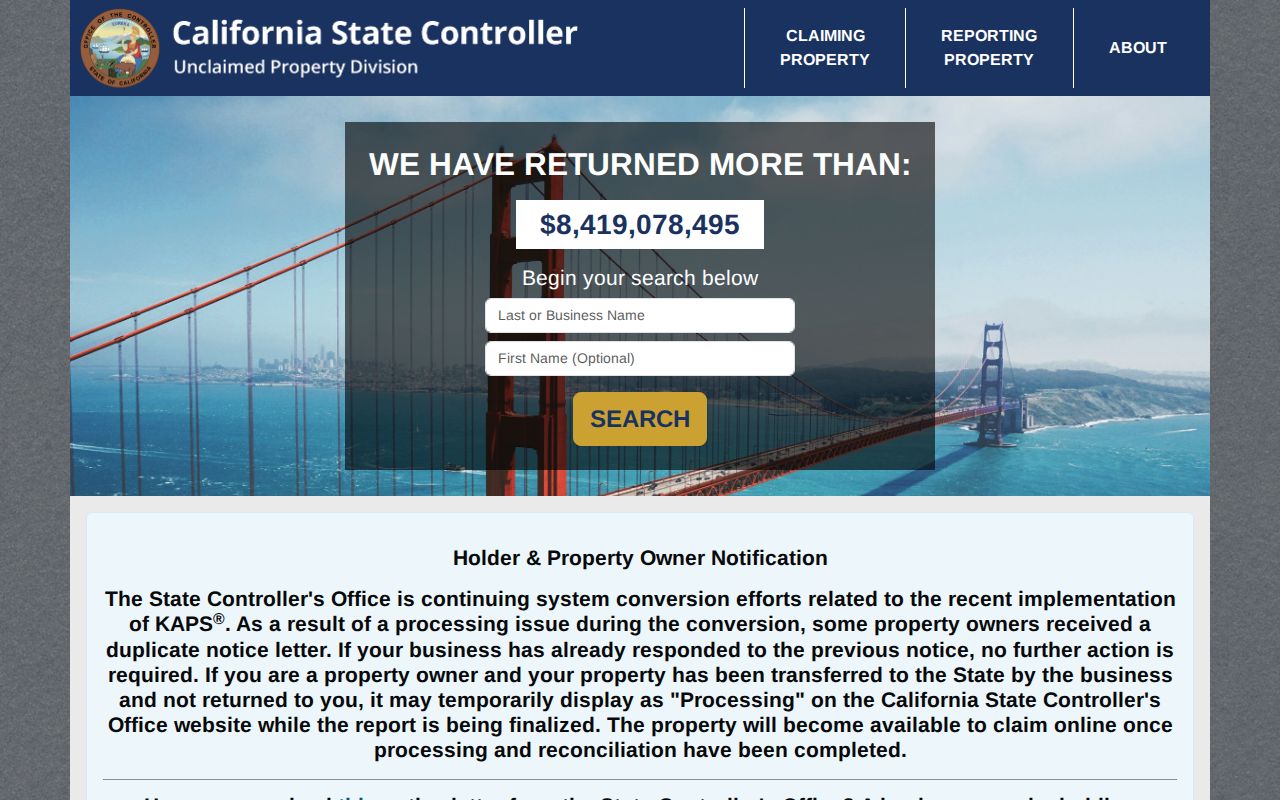Vista ZIP code directory reference showing the California unclaimed property search